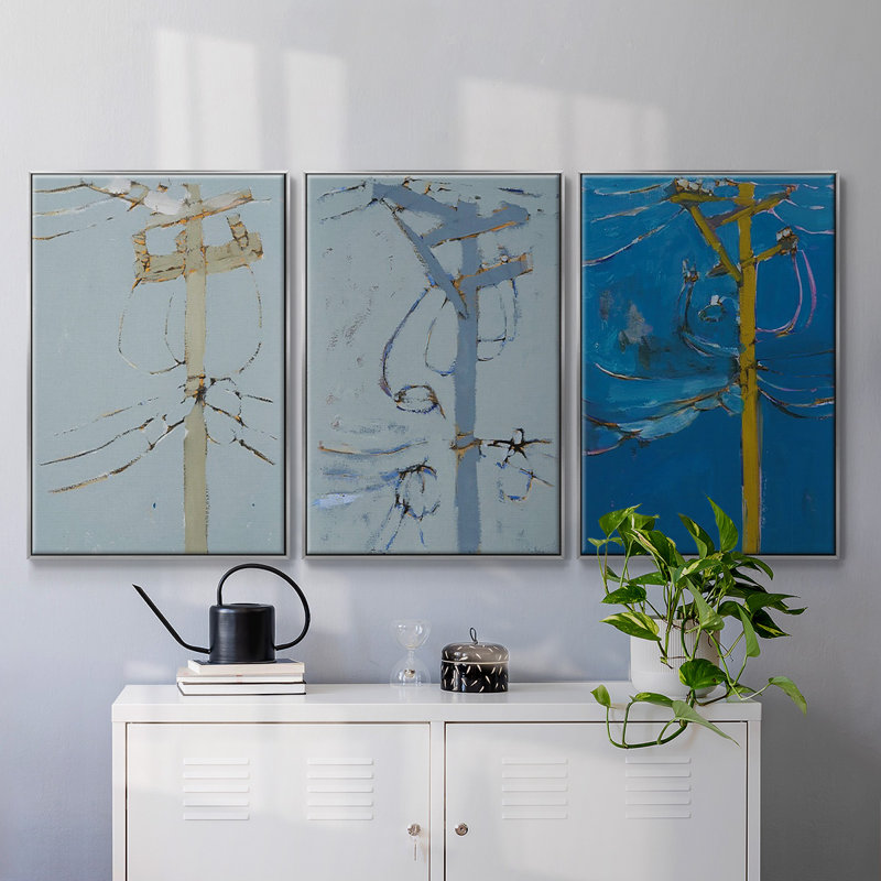 Wires IV encadré sur toile 3 pièces, H 36 po x l 72 po x P 2 po, Encadrement argenté