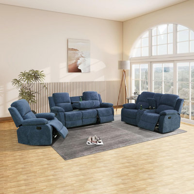 3-piece Light Blue Fluffy Fabric Couch Living Room Sofa Set