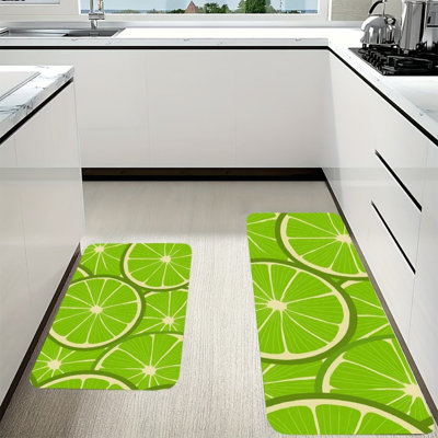 Lime Slice Print Kitchen Mats for Kitchen Laundry Room, 2-Piece Set, Green Beige
