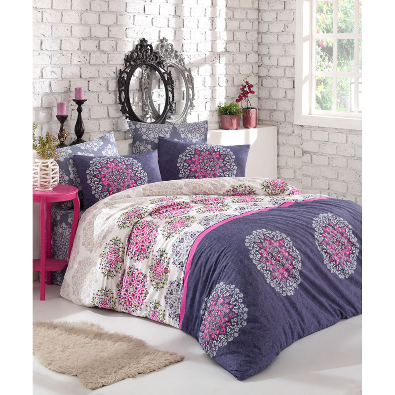 Ensemble de housse de couette 100% coton mauve / gris / rose Hulda