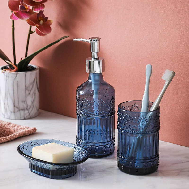 4-Piece Blue Mosaic Bathroom Set: Soap Dispenser, Tray, Jar, Toothbrush Holder