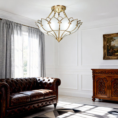 Lotus Shade Glass Semi-Flush Mount Chandelier,  18.8 Inch Gold Pendant Light With 4 E26 3-Color Light
