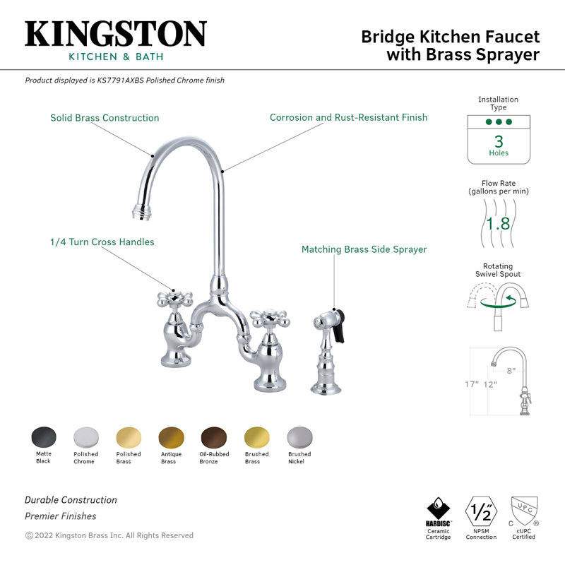Kingston Brass English Country Two-Handle 3-Hole Deck Mount Bridge Kitchen Faucet with Side Sprayer, Polished Chrome