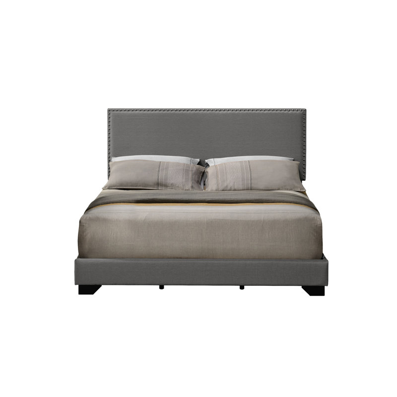 Grand lit en tissu gris avec garniture cloutée, entièrement rembourré, pieds en bois, sommier tapissier à 4 lattes, capacité de poids de 660 lb, plancher de 6 po, profondeur de 83,36 po de largeur, 62,94 po et de hauteur 42,09