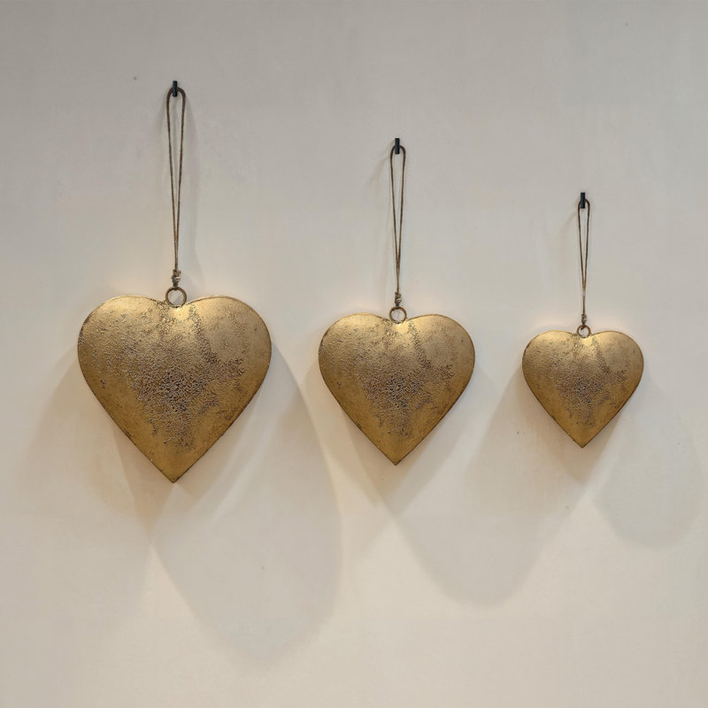 Ensemble de 3 décorations murales en métal Myri, cœur en fer doré avec corde de suspension en jute, 12, 9,5, Doré