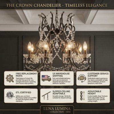 Tomball 10 - Light 25"W Dimmable Traditional Classic Chandelier with Crystal & Metal Frame for Living Room or Dining Room