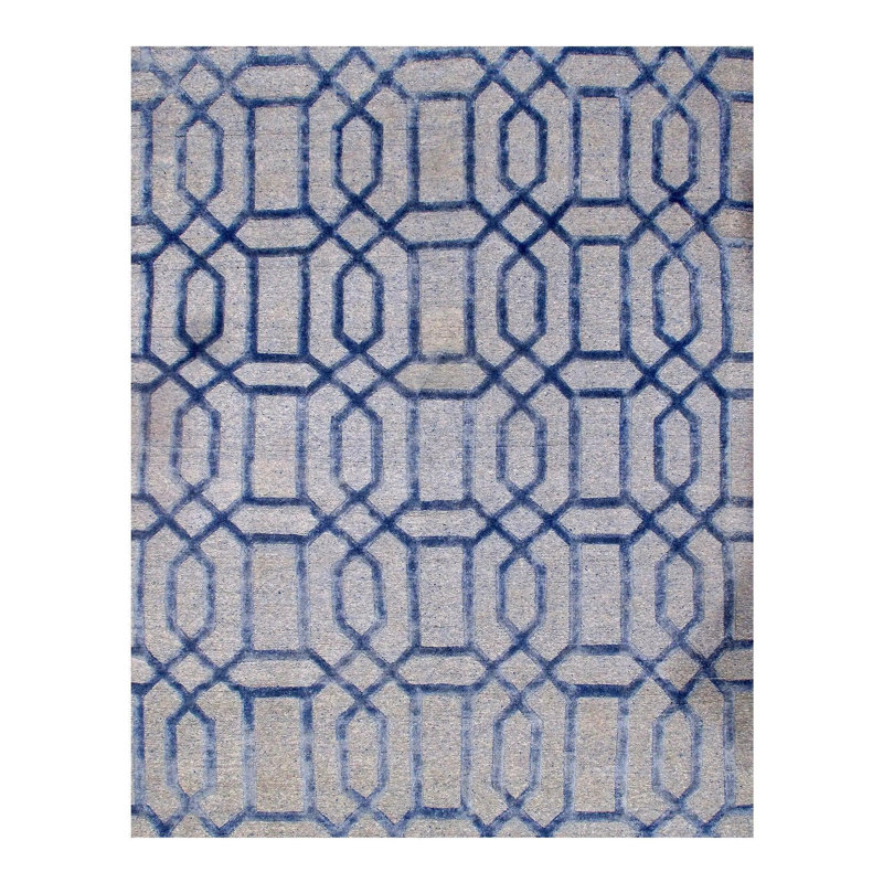 Tapis géométrique bleu clair / gris en laine / coton noué à la main 4 pi x 6 pi Aleyse