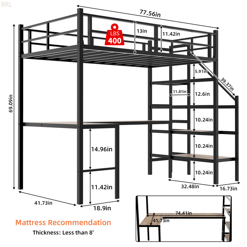 Lit mezzanine avec bureau en forme de L, grand espace de rangement et compartiments de rangement, structure de lit robuste avec escalier, garde-corps continu, peu encombrant, silencieux, sans ressorts éléphants requis