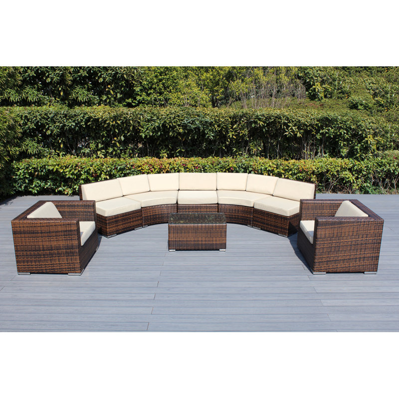 Billyjo Wicker 7 - Person Curved Seating Group with Cushions - No Assembly, Polyester Beige, Mixed Brown