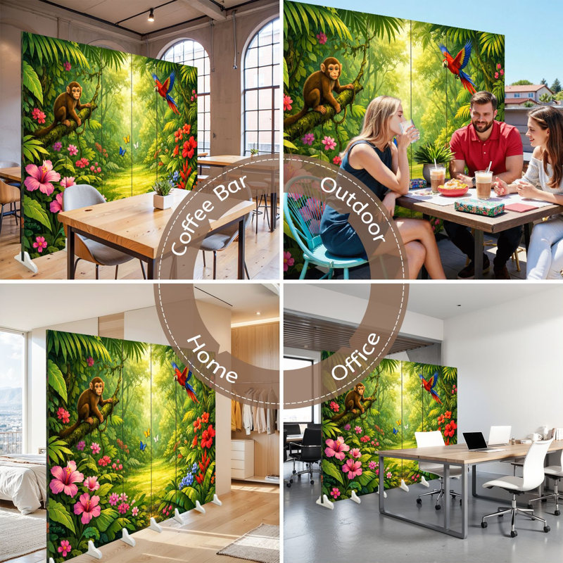 Cloison pliante 6 panneaux paravent Royal Tropical Jungle Fleurs éclatantes Feuillage vert dense Pépinière Toile Séparateur de pièce Cloison de protection autoportante Cloison d'intimité