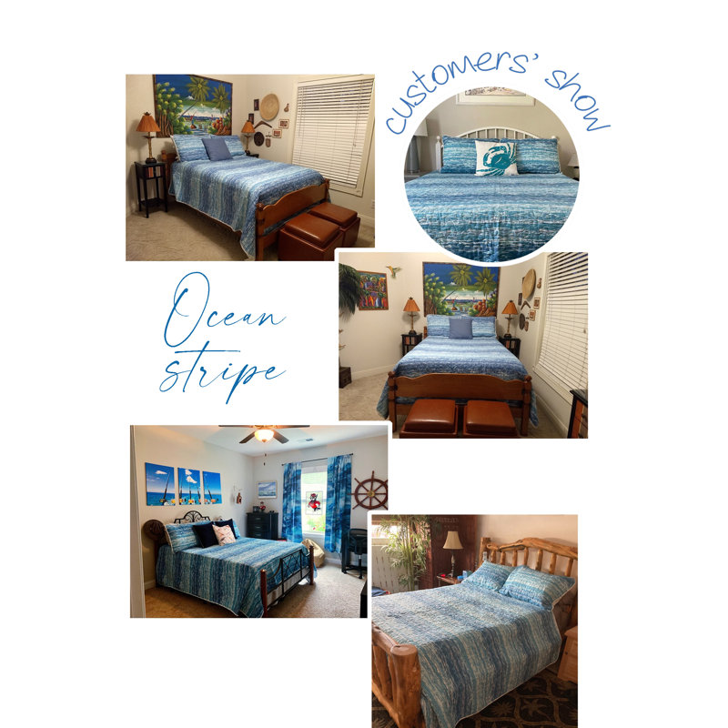 King Blue Cotton Reversible Nautical Quilt Set