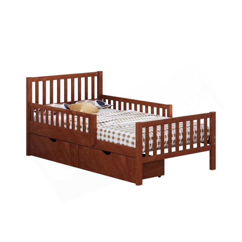 Lit plateforme simple en bois avec garde-corps des deux côtés et deux tiroirs de rangement, noyer, Noyer, Lit simple