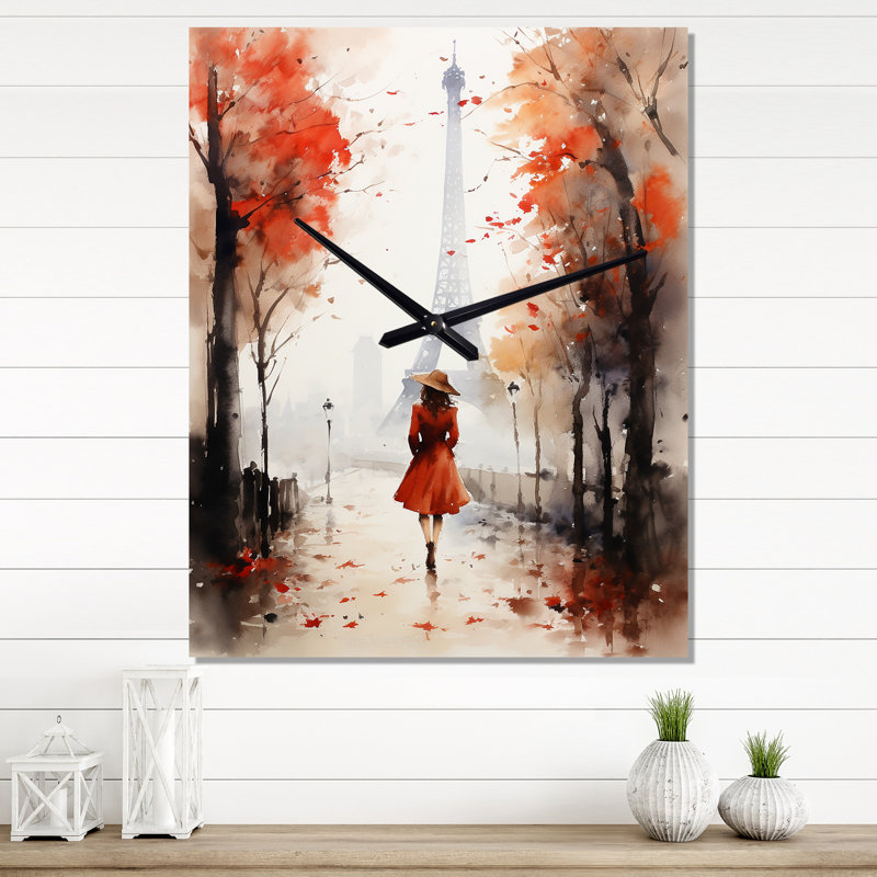 Dame à l'aquarelle rouge rétro Paris IV - horloge murale rétro Paris, Très grand