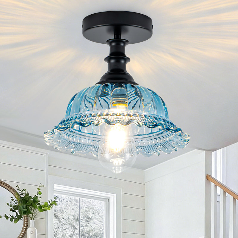 1-Light 9.8"W Vintage Floral Glass Flush Mount, Blue, Matte Black