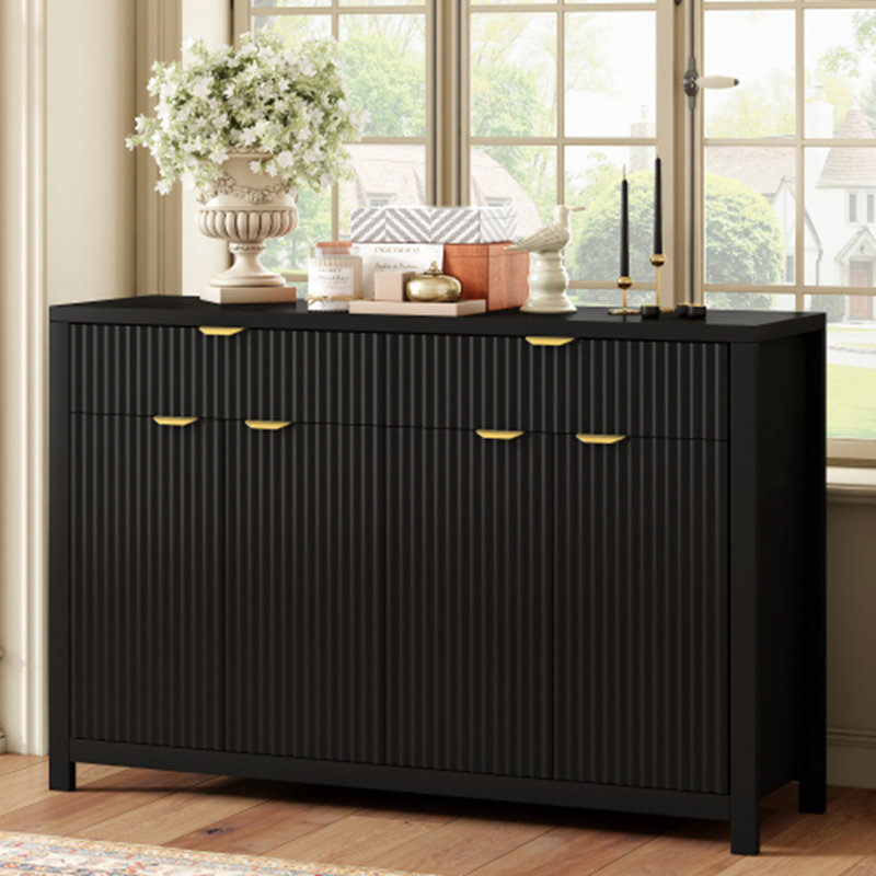 Buffet moderne à motif de vagues avec 2 tiroirs et 4 portes, 3 tablettes réglables à 3 niveaux, poignées arquées en aluminium, style scandinave, convient au vestibule, au salon, au vestibule