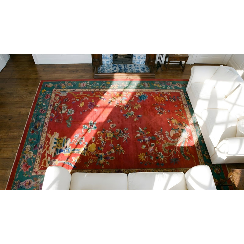 Tapis antique corail et vert en laine taille art antique