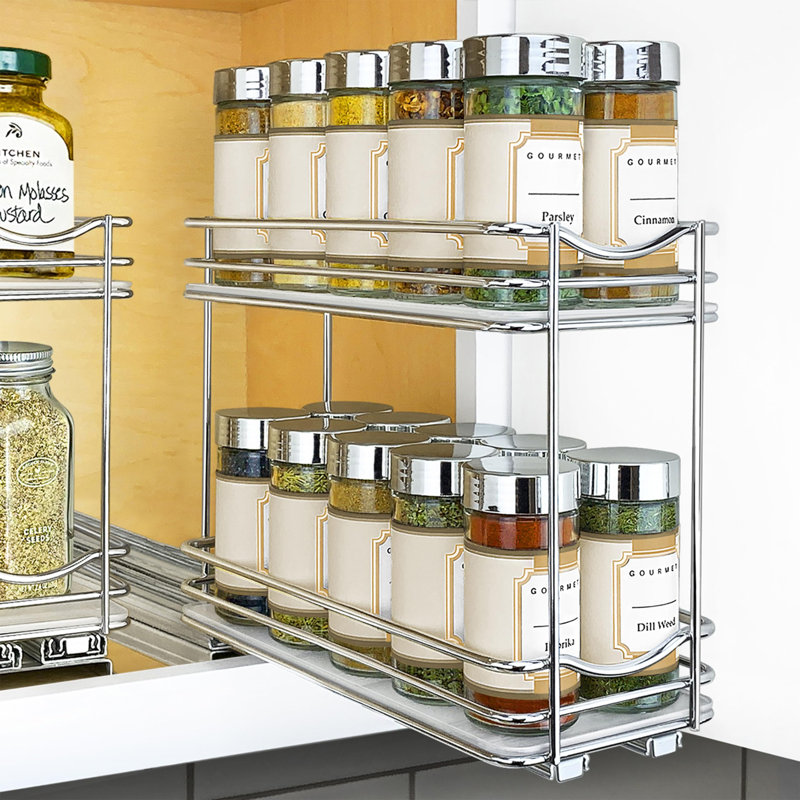 Pull Out Spice Rack Organizer For Inside Kitchen Cabinets,Slide Out Drawer,Chrome Sliding Spice Cabinet,2 Tier,(Chrome)