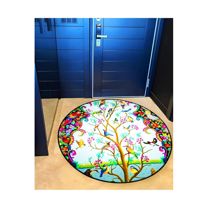 Tapis décoratif avec motif de branches et de fleurs multicolores et détails de perroquet et d'oiseau, Rond 5 pi