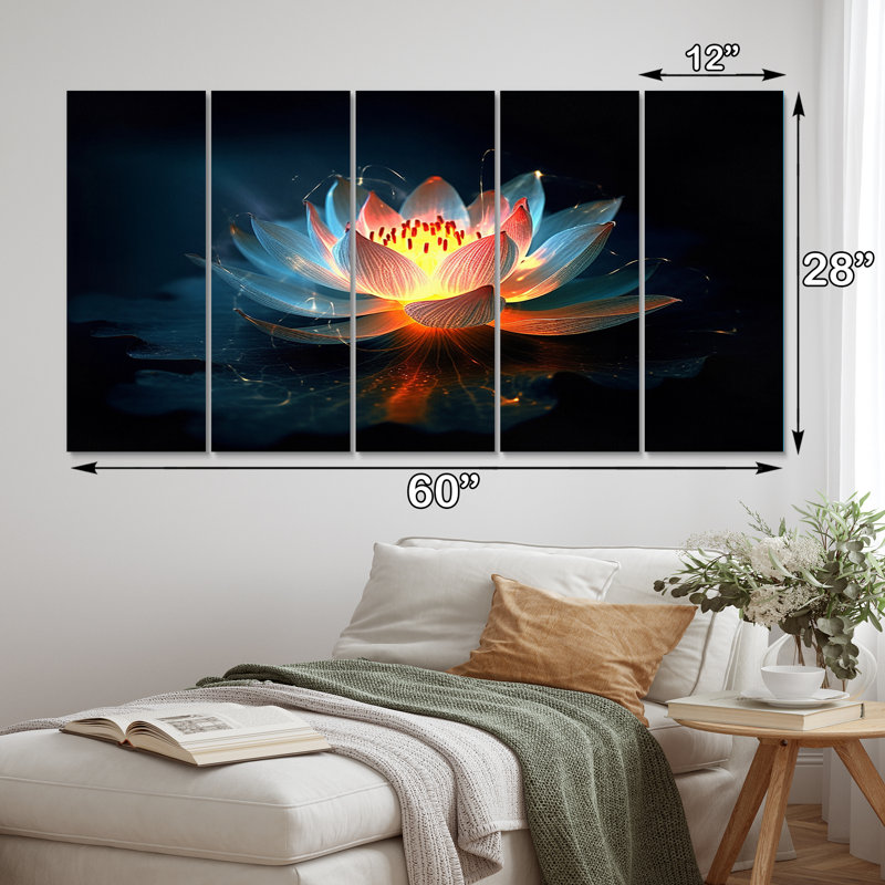 «Blossoming Wild Lotus In Full Moon Pond II», reproduction d'art sur toile Lotus - 5 panneaux égaux
