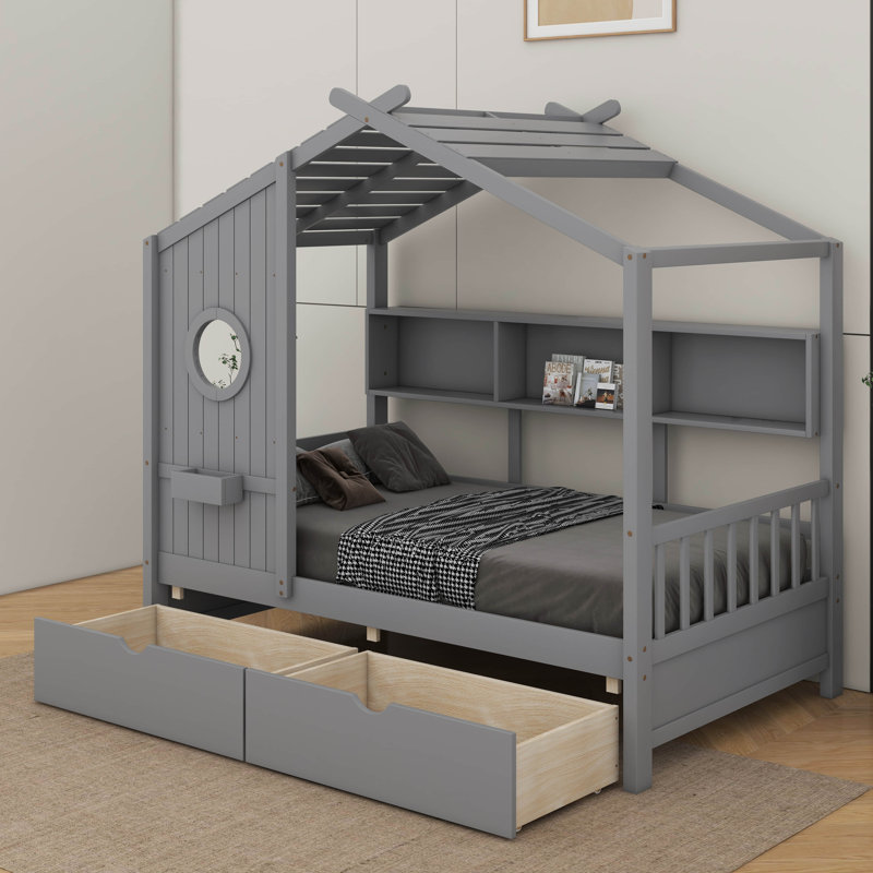 Twin Size House Bed With Drawers, Grey