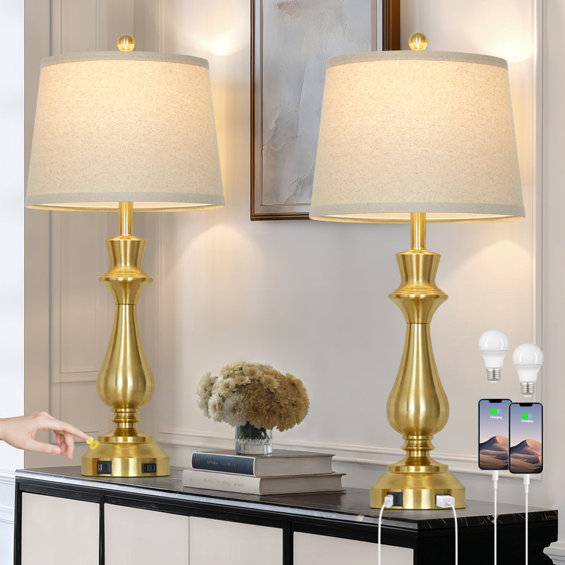30” Tall Table Lamps with USB & Type-C Ports, Touch Control, LED Bulbs Included, Gold
