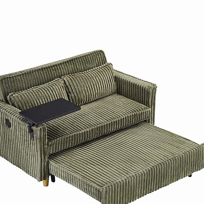 The pull-out and push-in corduroy sofa with dual functions, equipped with a movable tabletop and USB ports, Green