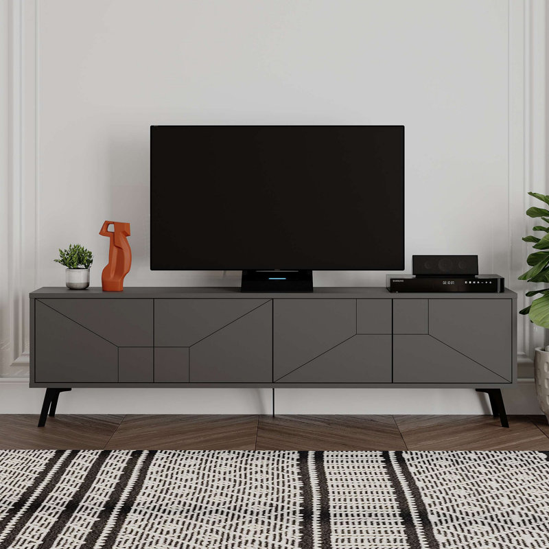 Modern TV Stand with Push to Open Doors, Anthracite Color, 70.9 x 19.7 x 11.6 inches | 100% Melamine Coated Particle Board, Thickness: 0.7 inches | Soft-Close Hinges, Metal Legs, Multiple Shelves for Stylish Storage