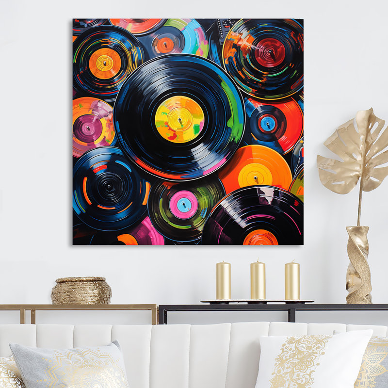 Colourful Vinyle Disques Melody II - Vinyle, reproduction sur toile encadrée, H 24 po x l 24 po x P 1 po, Toile tendue