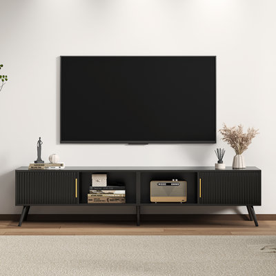 67" White Mid-Century Modern TV Stand (Fits 78" TVs) - Fluted Doors, Gold Handles, Open Storage