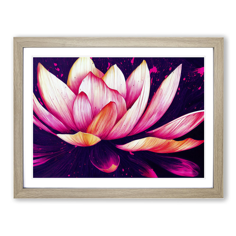 Lotus Flower Paint Splatter (4) 1 Piece Single Picture Frame Wall Art, 46cm H x 64cm W, Oak