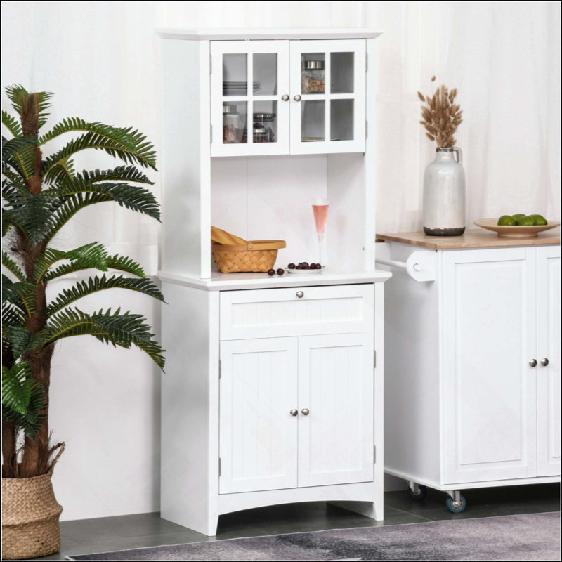 Élégant buffet avec huche, armoire de rangement pour garde-manger avec porte en verre encadrée et espace pour micro-ondes