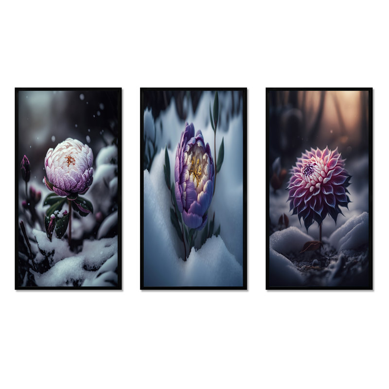 «A Blooming Puple Peony Flower in Winter», ensemble de 3 impressions, Cadre flottant noir, H 40 po x l 60 po