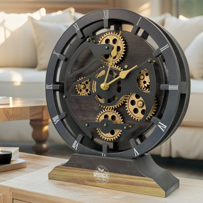 Horloge de cheminée ronde de 16 po pour le salon avec de vrais engrenages mobiles transformables en horloge murale (base détachable) Collection Canada  
