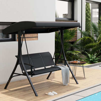 3-Seat Outdoor Swing Chair with Adjustable Canopy, Armrests, Sturdy Steel Frame, Breathable Cushions, Patio Glider for Garden, Backyard, Poolside - Black -3