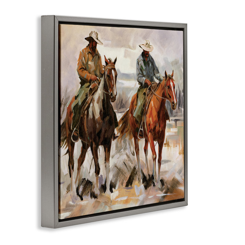  "Brush Stroke Cowboys", art mural sur toile flottante par échelle blanche, H 18 po x l 18 po, Cadre flottant gris lustré