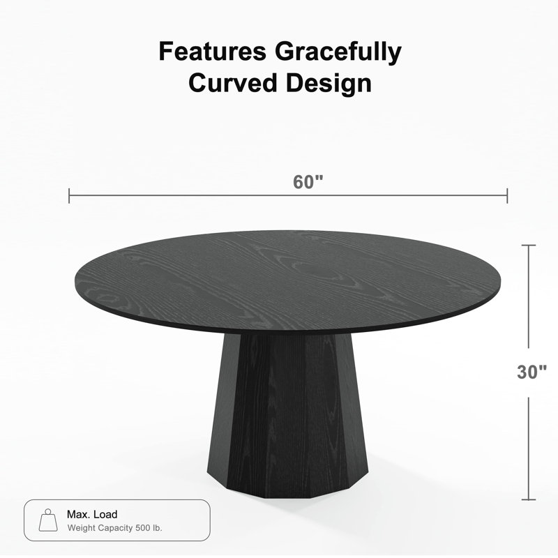 Solid Wood Dining Table Round Pedestal Kitchen Table, Black, 60" W x 60" L