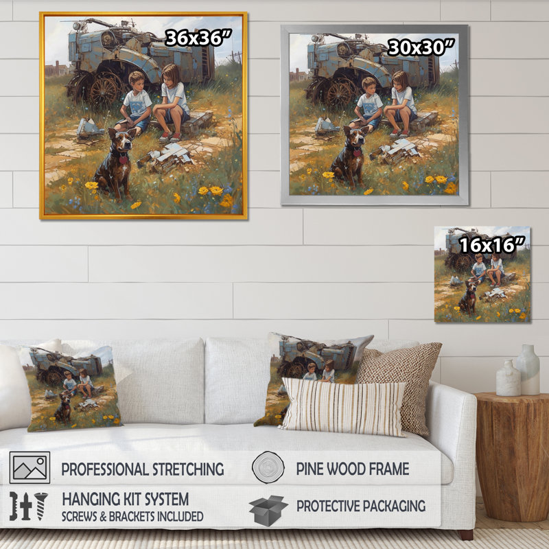 «Children on the Farm I» - reproduction, H 36 po x l 36 po x P 1,5 po, Cadre flottant doré