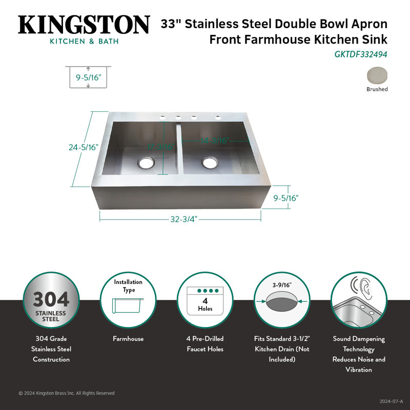 Kingston Brass Edinburg 33-Inch Stainless Steel Apron-Front Double Bowl Farmhouse Kitchen Sink, 4 hole