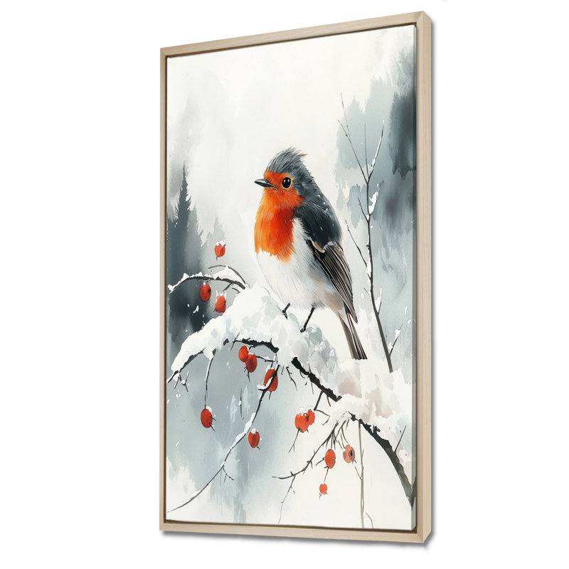 Althoff Robin Bird in Winter Snow II - Art mural oiseau, H 60 po x l 28 po, Impression encadrée flottante, Crème, crème
