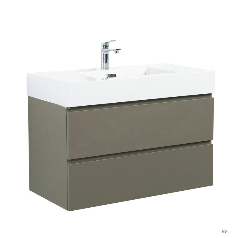 Meuble-lavabo mural de 36 po avec lavabo, grand meuble-lavabo flottant mural pour salle de bain moderne, lavabo une pièce sans drain ni robinet, pré-assemblé