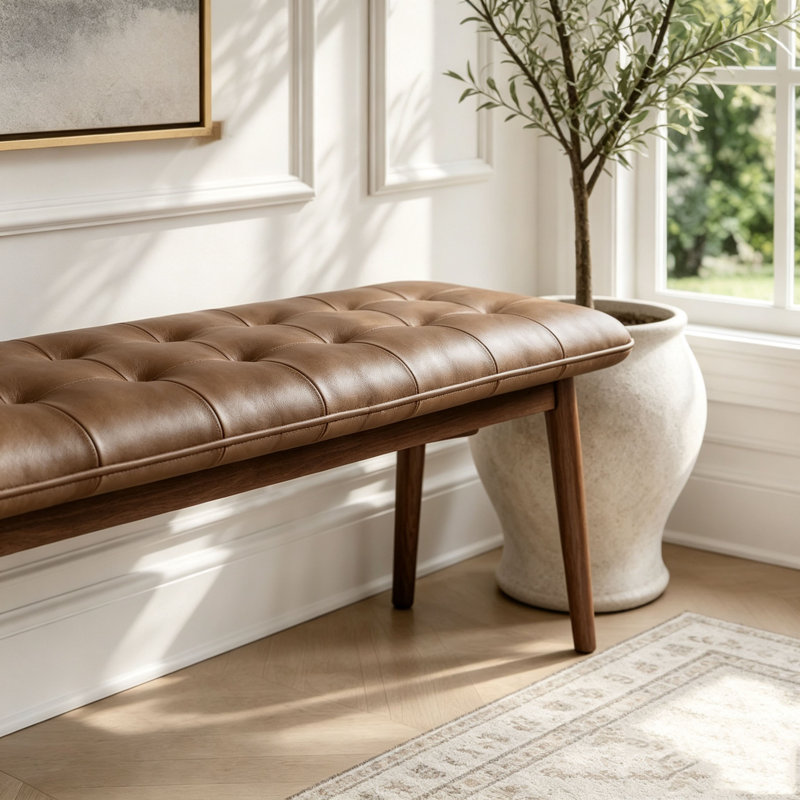 Solid Dining Bench with Premium Leather Cushion, Brown