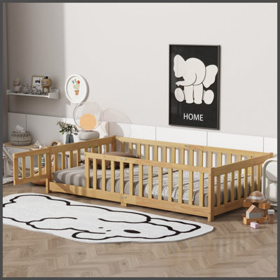 Twin Size Floor Bed with Fence and Door,Rubber Wood Floor Bed with Safety Guardrails,Natural P370521)