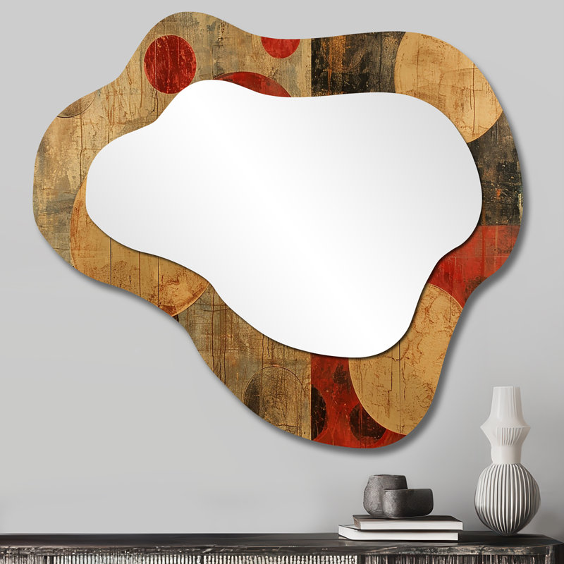 Rétro modernisme circulaire - miroir mural décoratif nuage géométrique, grand miroir asymétrique rouge, impression d'art en métal