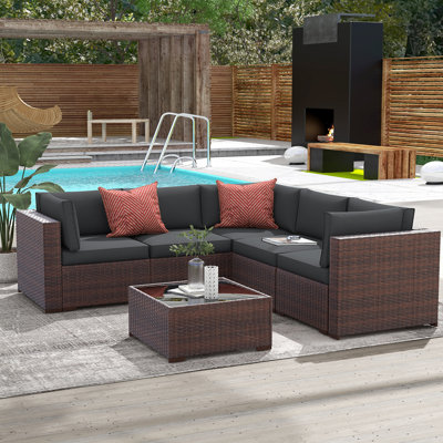 Ensemble de conversation modulaire en rotin avec coussins 6 pièces Alexaundra