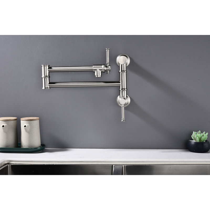 Modern Brass Pot Filler - Wall Mounted, Two-Attachment Arm, Folding, Brushed Nickel, Corrosion Resistance, Peaceful Water Foldable, Stable Flow
