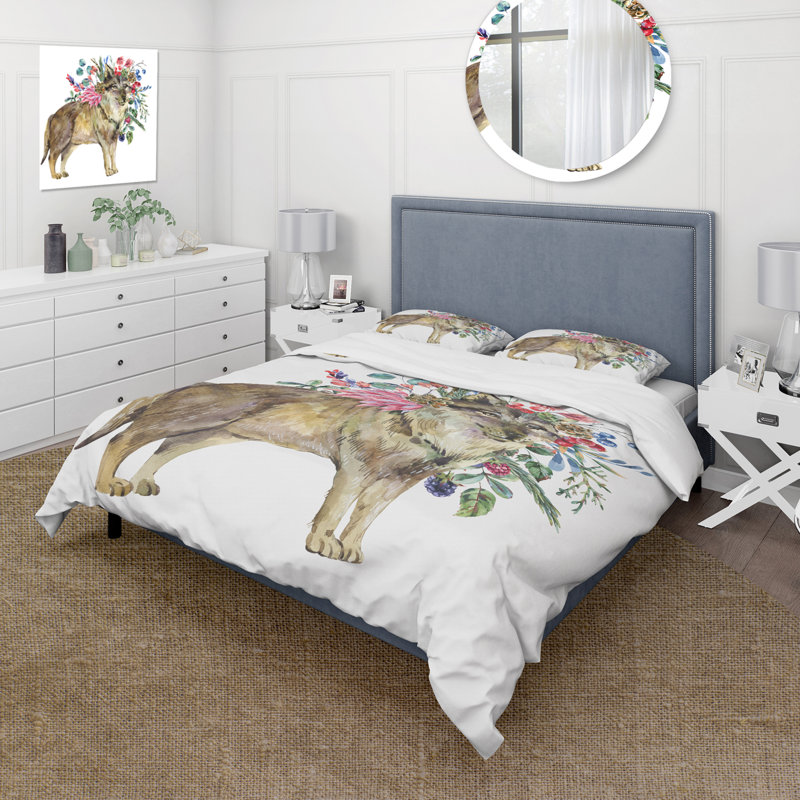 Loup avec fleurs de forêt - ensemble de housse de couette Farmhouse - microfibre de polyester