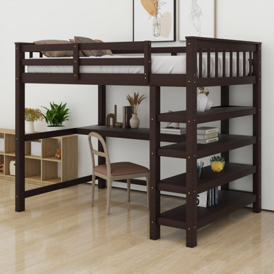 Full Size Loft Bed With Desk And 4-Storage Shelves, Wood Loft Bed Frame With Safety Guard Rail And Under-Bed Desk, Noise Free, No Box Spring Needed by Harriet Bee