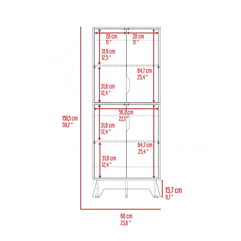 Armoire à rangement multiple H 59 po, quatre portes, quatre tablettes internes, chêne clair / blanc