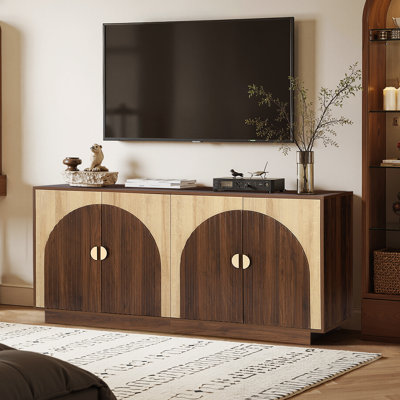Buffet moderne à portes cintrées, meuble de rangement bicolore en bois avec portes cintrées, poignées rondes dorées et étagères réglables, meuble d'appoint pour salle à manger, salon ou entrée.