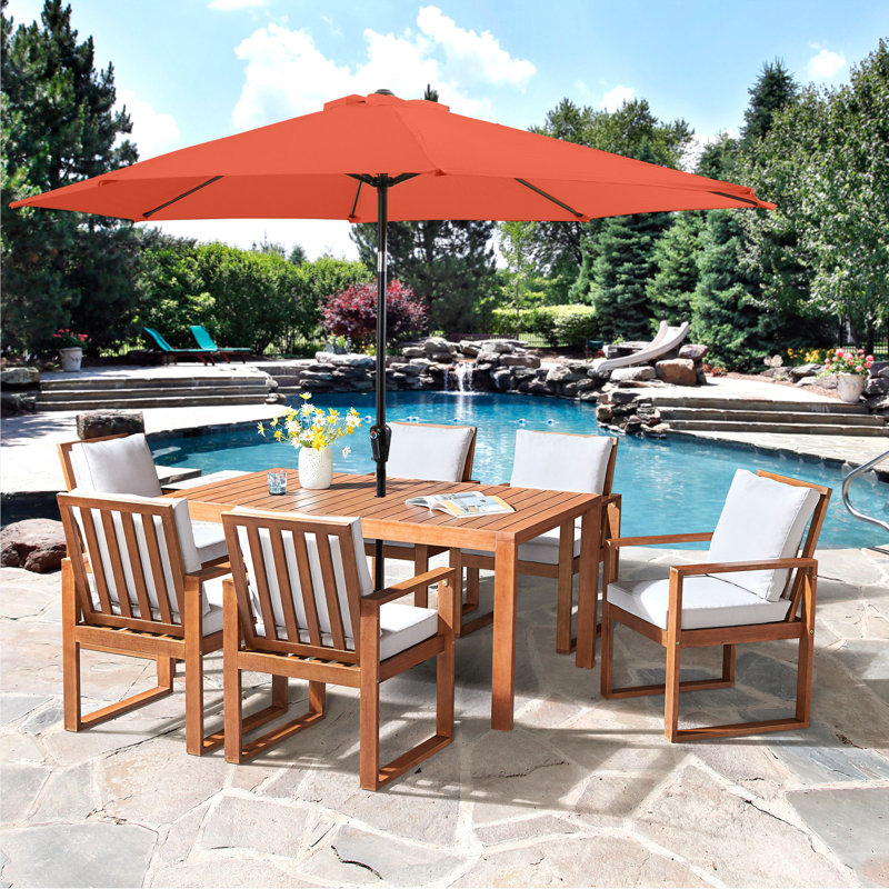 Weston 8 Pc Patio Dining Set Wood One 63" Table 6 Chairs With Cushions And 1 10-Foot Tilt Umbrella , Red Orange